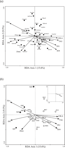 FIGURE 3 Redundancy analyses of benthic invertebrates and significant (P < 0.05) environmental variables in 5 lakes near Iqaluit and 15 lakes and ponds near Rankin Inlet, Nunavut. Environmental variable codes are as in Table 1, taxa codes are as in Table 2.(a) taxa-environment biplot; (b) environment-site biplot [inset biplot is passive ordination of calcium (Ca)].