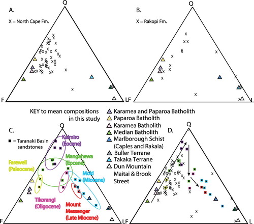 Figure 10. Composite of ternary diagrams compares QFL proportions for modern stream sands from this study with those of Taranaki Basin sandstone units, including Ternary diagrams showing average proportions of quartz (Q), feldspar (F), and lithic fragments (L) point counted in this study and individual data points for Taranaki Basin petroleum-bearing sandstones from Smale (Citation1991b), including the Rakopi, North Cape, Farewell, Kaimiro, Mangahewa, Tikorangi, Moki and Mount Messenger formations. Black symbols (X’s) represent individual well data from the Cretaceous Rakopi and Cretaceous North Cape formations, from Higgs et al. (Citation2010). The trend in QFL proportions over time suggests that transport and weathering of plutonic sand from the Karamea and Median batholiths initially led to feldspar- and quartz-rich sandstones of the Cretaceous Rakopi and North Cape formations and Paleocene Farewell Formations, followed by somewhat more quartz-rich sandstones of the Eocene Kaimiro Formation. By Late Eocene time, input from other terranes added more lithics to Taranaki Basin sandstones (Mangahewa, Moki, and Mount Messenger formations), as well as to sandstones in the Tikorangi limestone formation, a deep-water province to the northwest.