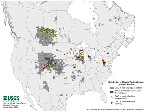 Figure 2 Reported distribution of Chronic Wasting Disease (CWD) in North America. By 2019, 26 states and 3 Canadian provinces have reported CWD cases in captive and free-ranging cervid populations.