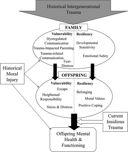 Figure 1. The HITT model depicts the complex process of historical intergenerational trauma transmission. Survivors of historical traumatic event(s) are posited to display patterns of trauma-impacted behaviours that constitute vulnerability, as well as other behaviours that increase resilience in their descendants. In turn, offspring respond with both adaptive and maladaptive behaviours that impact their mental health and functioning. This process of historical trauma transmission happens in the context of historical moral injury and is impacted insidious trauma experiences.