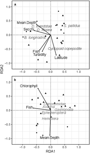 Figure 5. Results of redundancy analyses displaying predictor variables (morphometry and water quality) with zooplankton (A) and macroinvertebrate (B) abundances as response variables. Circles represent gravel-pit lakes, triangles represent natural lakes. Species are represented by their text labels. Morphology and water-quality variables are represented by arrows. Sites that are closer together in the ordination plot have similar species composition than sites that are further apart.