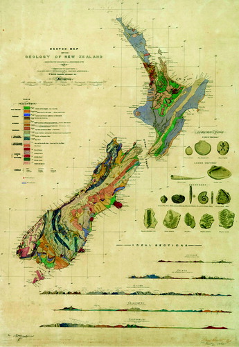 Figure 2 James Hector's first geological map of New Zealand, prepared in 1865 but never published. Archives New Zealand, R17916934.