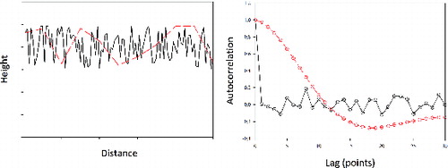 FIG. 3. An example of using the correlation length to quantify the size of surface features. Example profiles are shown in the top panel with the corresponding autocorrelation functions in the lower panel.