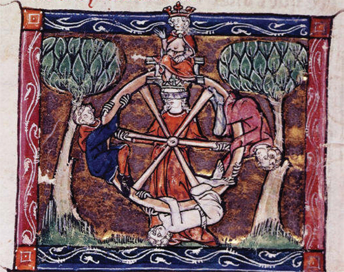 Figure 3. Wheel of Fortune above an illuminated initial, France, Saint-Omer or Tournai, Morte Artu, (c.1316).20