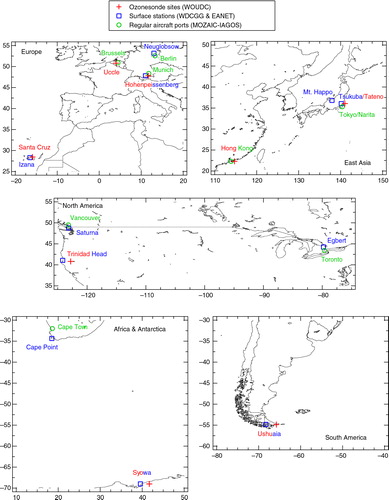 Fig. 1 Global distribution of the sites of sonde, surface and regular aircraft observations examined in this work.