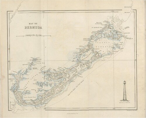 Figure 1. Map of Bermuda. Source: British Library Flickr, Ferdinand Whittingham, Bermuda, a colony, a fortress, and a prison; or, Eighteen months in the Somers’ Islands. (London: Longman, 1857).