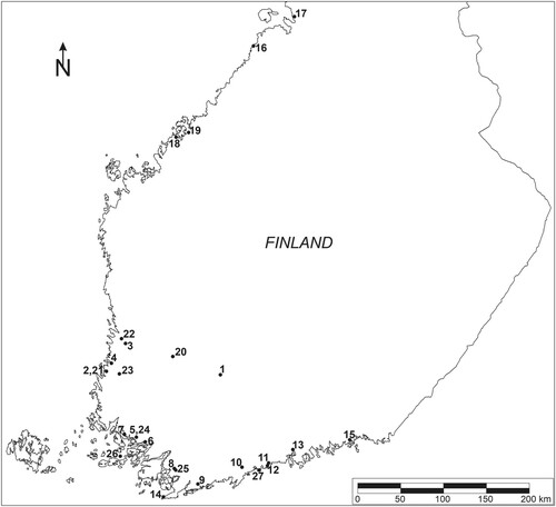 Figure 1. Location of the sites, site names and references in supplementary tables 1 and 2. Cartography by Jussi Kinnunen.