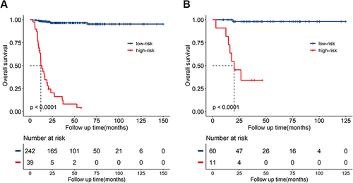 Figure 1 Overall survival curves obtained with Kaplan-Meier analysis between different INPS groups. (A) Survival curves in the training cohort. (B) Survival curves in the validation cohort.