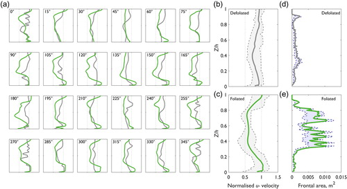 Figure 9. (a) Normalized downstream (u–) velocity profiles at 0.30 X/l 0.50 Y/w for the defoliated (grey) and foliated (green) plants with changes in plant orientation, the average normalized downstream velocity profile for the (b) defoliated and (c) foliated plants, and the average frontal area and range of frontal area for the (d) defoliated and (e) foliated plants. In (b) and (c), the thick grey/green line indicates the average normalized downstream velocity profile and the dashed grey lines indicate the minimum and maximum normalized downstream velocities at each increment of Z/h. The filled grey area highlights the range in normalized downstream velocity using data from all 24 of the modelled plant orientations. Note the same axis ranges between (a) and (c). In (d) and (e), the thick grey/green line indicates the average frontal area and the dashed blue lines indicate the minimum and maximum frontal areas at each increment of Z/h. The filled blue area highlights the range in frontal area using data from all 24 of the modelled plant orientations.