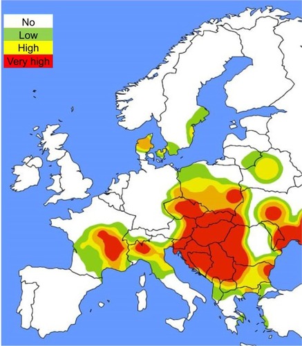 Figure 2 Ragweed pollen load map (according to average daily pollen counts) in Europe at the peak of pollination season (mid-September).Citation90