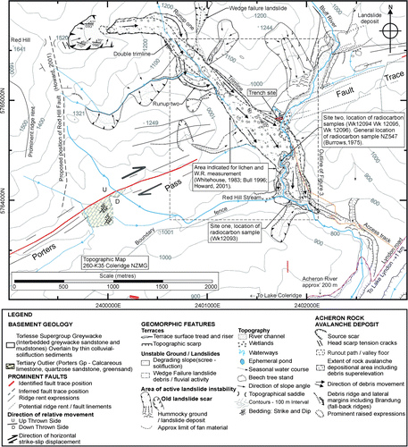 Figure 2  Geology and geomorphology of the Acheron rock avalanche deposit.
