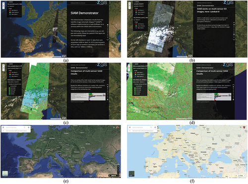 Figure 2. Two examples of semantic/ontological interoperability over heterogeneous sensory data sources (true-facts, observables). The first example is provided by the demonstrator of the Satellite Image Automatic Mapper™ (SIAM™) lightweight computer program (Baraldi, Citation2017, Citation2019a; Baraldi et al., Citation2010a, Citation2010b, Citation2018a, Citation2018b; Baraldi, Puzzolo, Blonda, Bruzzone, & Tarantino, Citation2006; Baraldi & Tiede, Citation2018a, Citation2018b), installed onto the Serco ONDA Data and Information Access Services (DIAS) Marketplace (Baraldi, Citation2019a). This demonstrator works as proof-of-concept of an Artificial General Intelligence (AGI) (Bills, Citation2020; Chollet, Citation2019; Dreyfus, Citation1965, Citation1991, Citation1992; EC – European Commission, Citation2019; Fjelland, Citation2020; Hassabis et al., Citation2017; Ideami, Citation2021; Jajal, Citation2018; Jordan, Citation2018; Mindfire Foundation, Citation2018; Mitchell, Citation2021; Practical AI, Citation2020; Saba, Citation2020c; Santoro et al., Citation2021; Sweeney, Citation2018a; Thompson, Citation2018; Wolski, Citation2020a, Citation2020b), suitable for Earth observation (AGI4EO) applications, namely, ‘AGI for Data and Information Access Services (DIAS) = AGI4DIAS = AGI-enabled DIAS = Semantics-enabled DIAS 2.0 (DIAS 2nd generation) = AGI + DIAS 1.0 + Semantic content-based image retrieval (SCBIR) + Semantics-enabled information/knowledge discovery (SEIKD)’ = EquationEquation (1)(1) \lsquoAGI-enabledDIAS=AGI4DIAS=Semantics-enabledDIAS2.0(DIAS2ndgeneration)=DIAS2.0=AGI+DIAS1.0+SCBIR+SEIKD\rsquo(1) , envisioned by portions of the existing literature (Augustin, Sudmanns, Tiede, & Baraldi, Citation2018; Augustin, Sudmanns, Tiede, Lang, & Baraldi, Citation2019; Baraldi, Citation2017; Baraldi & Tiede, Citation2018a, Citation2018b; Baraldi, Tiede, Sudmanns, Belgiu, & Lang, Citation2016; Baraldi, Tiede, Sudmanns, & Lang, Citation2017; Dhurba & King, Citation2005; FFG – Austrian Research Promotion Agency, Citation2015, Citation2016, Citation2018, Citation2020; Planet, Citation2018; Smeulders, Worring, Santini, Gupta, & Jain, Citation2000; Sudmanns, Augustin, van der Meer, Baraldi, and Tiede, Citation2021; Sudmanns, Tiede, Lang, & Baraldi, Citation2018; Tiede, Baraldi, Sudmanns, Belgiu, & Lang, Citation2017). In the present work, an integrated AGI4DIAS infrastructure = ‘AGI + DIAS 1.0 + SCBIR + SEIKD = DIAS 2.0ʹ is proposed as viable alternative to, first, traditional metadata text-based image retrieval systems, such as popular EO (raster-based) data cubes (Open Data Cube, Citation2020; Baumann, Citation2017; CEOS – Committee on Earth Observation Satellites, Citation2020; Giuliani et al., Citation2017, Citation2020; Lewis et al., Citation2017; Strobl et al., Citation2017), including the European Commission (EC) DIAS 1st generation (DIAS 1.0) (EU – European Union, Citation2017, Citation2018), and, second, prototypical content-based image retrieval (CBIR) systems, whose queries are input with text information, summary statistics or by either image, object or multi-object examples (Datta, Joshi, Li, & Wang, Citation2008; Kumar, Berg, Belhumeur, & Nayar, Citation2011; Ma & Manjunath, Citation1997; Shyu et al., Citation2007; Smeulders et al., Citation2000; Smith & Chang, Citation1996; Tyagi, Citation2017). Typically, existing DIAS and prototypical CBIR systems are affected by the so-called data-rich information-poor (DRIP) syndrome (Ball, Citation2021; Bernus & Noran, Citation2017). Figure captions are as follows. (a) Mosaic of twenty-nine 12-band Sentinel-2 images, acquired across Europe on 19 April, 2019, radiometrically calibrated into top-of-atmosphere reflectance (TOARF) values, depicted in true-colors, 10 m resolution, equivalent to a QuickLook™ technology. (b) Mosaic of three 11-band Landsat-8 images acquired across Europe on 21 April, 2019, radiometrically calibrated into TOARF values, depicted in true-colors, 30 m resolution, equivalent to a QuickLook technology. (c) Overlap between two SIAM’s output maps in semi-symbolic color names (Baraldi, Citation2017, Citation2019a; Baraldi et al., Citation2010a, Citation2010b, Citation2018a, Citation2018b, Citation2006; Baraldi & Tiede, Citation2018a, Citation2018b), automatically generated in near real-time from, respectively, the input 10 m resolution Sentinel-2 image mosaic, shown in Figure 2(a), and the 30 m resolution Landsat-8 image mosaic shown in Figure 2(b). The same map legend applies to the two input data sets. Semantic (symbolic) interoperability is accomplished by SIAM, independent of the input data source. In practice, SIAM instantiates a QuickMap™ technology, where a categorical map, provided with its discrete and finite map legend, is sensory data-derived automatically, without human-machine interaction and in near real-time, either on-line or off-line. (d) Zoom-in of the two SIAM maps, featuring the same semantics, independent of changes in the input sensory data source. In practice, SIAM accomplishes semantic interoperability by featuring robustness to changes in input data and scalability to changes in sensor specifications. (e) Second example of semantic interoperability over heterogeneous sensory data sources. Taken from Google Earth = Google Maps_Satellite View, it is equivalent to a QuickLook technology. It shows multi-source sensory data (quantitative/unequivocal information-as-thing) (Baraldi & Tiede, Citation2018a, Citation2018b; Capurro & Hjørland, Citation2003), equivalent to subsymbolic numerical variables, to be interpreted by users. (f) Taken from Google Maps_Map View (qualitative/equivocal information-as-data-interpretation) (Baraldi & Tiede, Citation2018a, Citation2018b; Capurro & Hjørland, Citation2003), equivalent to a symbolic interpretation of Google Maps_Satellite View data. In practice, Google Maps_Map View works as QuickMap technology. To be run automatically and in near real-time, either on-line or off-line, a QuickMap technology accomplishes data compression through discretization/categorization, together with interpretation of a continuous or discrete numerical variable belonging to a (2D) image-plane into a discrete and finite categorical variable provided with semantics, belonging to an ontology (mental model, conceptual model) of the 4D geospace-time real-world (Baraldi, Citation2017; Baraldi & Tiede, Citation2018a, Citation2018b; Matsuyama & Hwang, Citation1990).