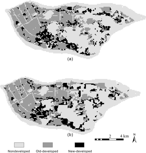 Figure 5. Integration of CA and ABMs for simulating residential development in Guangzhou. (a) Simulated residential development and (b) actual residential development.