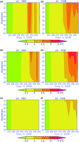 Fig. 6 Time-depth distributions of the grid-averaged modelled and observed temperatures at A1, A2 and A3, respectively.