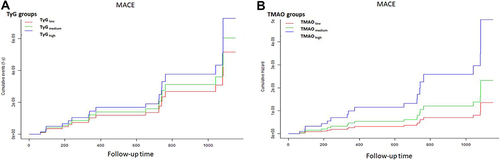 Figure 3 Survival curves for predicting MACEs according to the tertiles of TyG or TMAO. (A) performed survival curves for predicting MACEs according to the tertiles of TyG (A) and (B) performed survival curves for predicting MACEs according to the tertiles of TMAO (B).