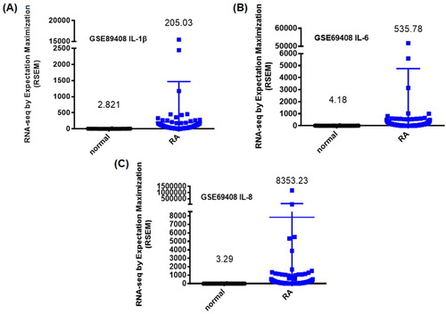 Figure 1. IL-1β, IL-6 and IL-8 levels are upregulated in RA patients. Levels of IL-1β, IL-6 and IL-8 expression in tissue samples retrieved from the GEO dataset, including patients with RA and healthy individuals.