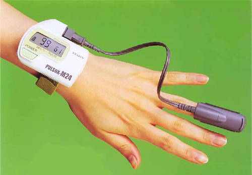 Figure S1 We developed the watch-type pulse oximeter (PULSOX-M24, TEIJIN) in collaboration with Minolta Co. Ltd. The probe is attached to the ring finger, because of ease of pinching.