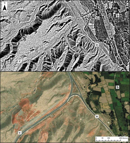 Figure 2. Satellite imagery from October 1972 (top) and August 2019 depicting an area where the Ming Great Wall cuts through earlier field systems (a), field system rationalization (b), and nearby relict field systems excluded by the Ming Wall (c). Image source: KH-9 HEXAGON Mission 1204, 14 October 1972, acquired from the United States Geological Survey (top). Google Earth/Maxar Satellite Imagery, 14 August 2019 (bottom). (Illustration: Christopher Sevara)