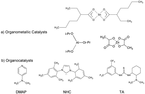 Figure 1. (a) Structure of organometallic catalysts: tin(II) octanoate [Sn(Oct)2], aluminum(III) isopropoxide [Al(Oi–Pr)3], and zinc(II) lactate [Zn(Lact)2]. (b) Structure of organocatalysts.