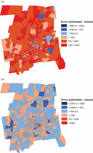 Figure 5. Spatial distribution of error by block group for the OLS1 model (a) before scaling, (b) after scaling.