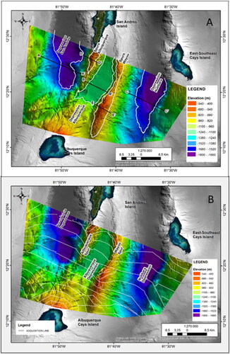 Figure 2. A. Identification of relief geoforms in the study area in the western Caribbean Sea. The area is illustrated by colour bathymetry and shows the main geomorphological features marked with a white line representing the maximum depth for each geoform (1800 m for the San Andres Depression, 600 m for the Albuquerque and Wayuu Spurs, 1100 m for the Albuquerque Depression and 1700 m for the Nutibara Depression). Bathymetric profiles (AA’, …, EE’) are also represented. B. Trackline Survey Plot of the multibeam data collected by ARC Providencia.