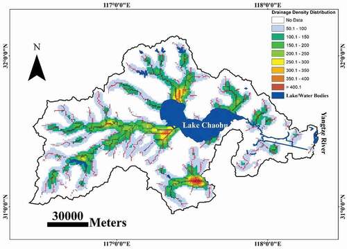 Figure 4. Drainage density distribution of streams in Chaohu Basin.