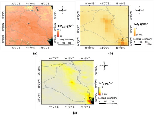 Figure 4. Spatial Distribution Maps of PM2.5 (a), SO2 (b), and (c) NO2.