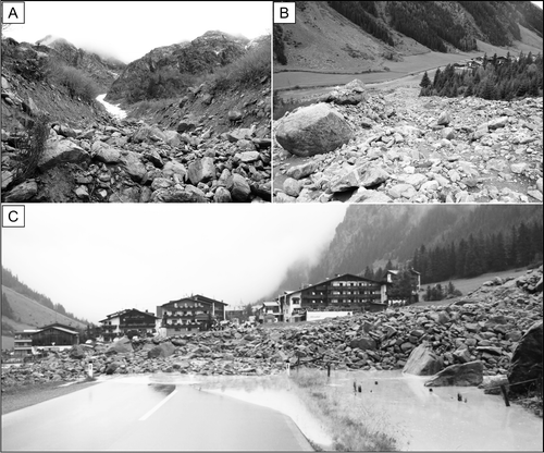 FIGURE 2 The Reiselehnrinne torrent has (A) an incised channel on the upper part of the cone, and (B) no defined channel in the lower part. (C) The debris flow of August 2009 crossed the road and dammed the Pitze river. Photo courtesy of the fire department of Sankt Leonhard, used with permission).