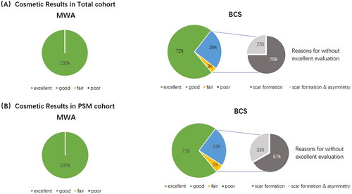 Figure 3. Cosmetic results and reasons for without excellent evaluation between ESBC patients who underwent MWA and BCS. (A) Cosmetic Results in Total cohort. (B) Cosmetic Results in PSM cohort.