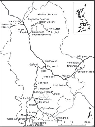 Fig. 3. Route information from the Clerk of the Peace for Staffordshire Canal Boat Index 1795–1797 visualised (Dark-light, most-least used). The historic boundaries of Staffordshire are marked by a thin grey line. (Background map data from Digimap, ©Crown copyright and database rights 2019 Ordnance Survey (100025252)).