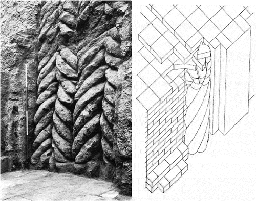 Figure 24. Spiral Column of Tell Al Rimah, Iraq. post-Assyrian period (911–612 BCE). Image source: Left:(Oates Citation1967, Plate XXXII b); Right:(Fletcher Citation1996).