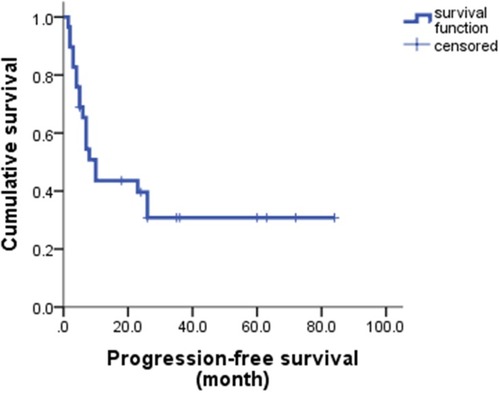Figure 2 Progression-free survival of GDPT with relapsed/refractory PLCL.Abbreviation: GDPT, gemcitabine, cisplatin, prednisone, and thalidomide.