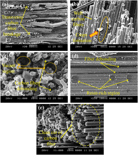 Figure 7. (a-e) Scanning electron micrographs of tensile tested neat-CFEC.