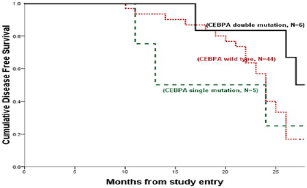 Figure 3. Kaplan–Meier estimates of DFS. DFS among CEBPAdouble-mut versus CEBPA WT AML (P = 0.009) and versus CEBPAsingle-mut AML (P = 0.163); CEBPAsingle-mut AML versus CEBPAwt AML (P = 0.634; pooled = 0.024).
