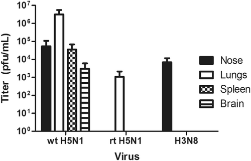 Fig. 4 Average tissue viral titers from mice infected with 103 EID50/ml.Tissue was collected from mice 4 days post infection, homogenized, and assessed for viral recovery by plaque assay using MDCK cells. wt HPAI H5N1: A/environment/West Java/BKSI37/2013, rt HPAI H5N1: A/chicken/East Java/BP21/2012, and H3N8: (LPAI) A/environment/West Java/KRW54/2012