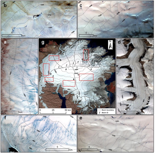 Figure 2. Sentinel-2 images (acquired on 28 July 2016, RGB: bands 4 (Red), 3 (Green), 2 (Blue)) of the entire Devon Ice Cap (excluding the southwest arm). (a–f) show typical areas in different DIC basins (red rectangles in center panel (g)). Black lines mark the boundaries of the major drainage basins (numbered as in Table 2).