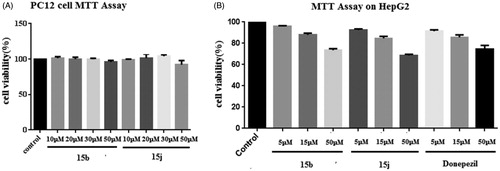 Figure 4. (A) In vitro cell toxicity of 15b and 15j on PC-12 cell line. (B) In vitro hepatotoxicity of 15b and 15j on HepG2 cell line. Data were expressed as mean ± SD (n = 3).