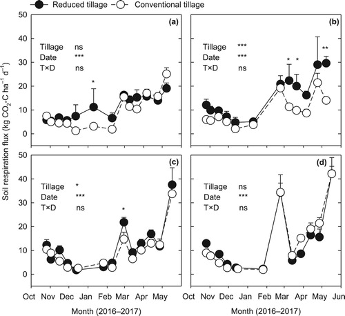 Figure 2. Soil respiration fluxes from paired paddocks of (a) dual-purpose winter wheat, (b) graze-only winter wheat, (c) grain-only winter wheat, and (d) canola under reduced (closed markers) and conventional (open markers) tillage systems. Data represent average and standard error of soil respiration fluxes measured at eight cores (n = 8). Significance levels (P-values) of two-way analysis of tillage treatment (T), measurement date (D), and interaction effects (T × D) are presented. ***P < .001; **P < .01; *P < .05; ns, non-significant (P > .05).
