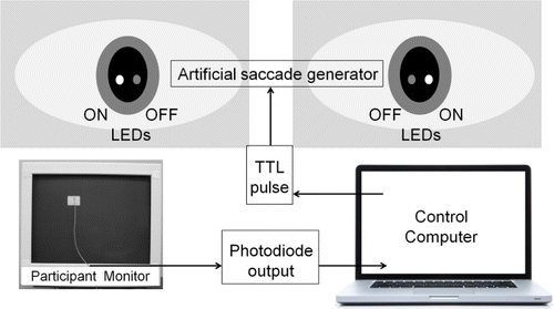 Figure 3. Illustration of an artificial saccade generator: a printed pattern of an eye with 2 LEDs placed behind pinholes in the pupil (the black inner circle in the pattern which could also be white if a bright pupil rather than a dark pupil eye tracker is evaluated). The eye tracker acquires the pupil and detects the LED that is powered on as a corneal reflection (CR). The control computer produces a TTL pulse that is used to switch between the on/off LEDs, moving the CR position and generating an instantaneous artificial saccade. A photodiode is attached to the surface of the participant's monitor and a display change (increasing the luminance of the area underneath the photodiode) is initiated as soon as the eye tracker output reflects the change in gaze position due to the artificial saccade. The output from the photodiode is then used by the control computer to calculate the latency between the onset of the saccade and the physical display change.