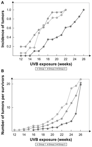 Figure 2 Protective effect of La Roche-Posay thermal spring water on the incidence of skin tumors (A) and on number of tumors per survivors (B) following repeated ultraviolet B exposure.Citation11