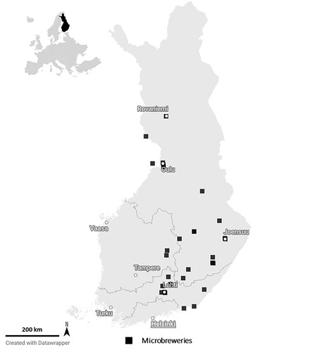 Figure 2. The location of the sample of identified microbreweries in Eastern and Northern Finland.