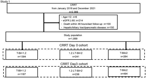 Figure 1. Patient flowchart for Phase 1.A total of 2,369 patients were identified from the database, and the application of the exclusion criteria resulted in a study population of 1,899 patients. Participants were classified into three groups based on the T-Bil levels on day 0 and day 3 after CRRT.CRRT, continuous renal replacement therapy; T-Bil, total bilirubin