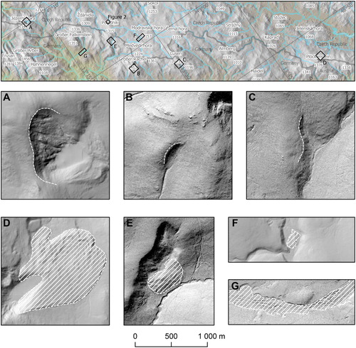Figure 3. Examples of glacial landforms mapped in this study: well developed (A), poorly developed (B) and speculative (C) glacial cliff; well developed (D), poorly developed (E) moraine; potential glacigenic accumulation (F); sandur (G). Locations of these examples and the example shown in Figure 2 are shown in the inset map.
