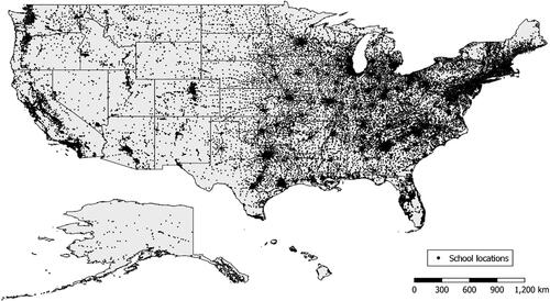 Figure 3. Locations of schools in the U.S. with students enrolled in grades 5-8 (n = 83,911).