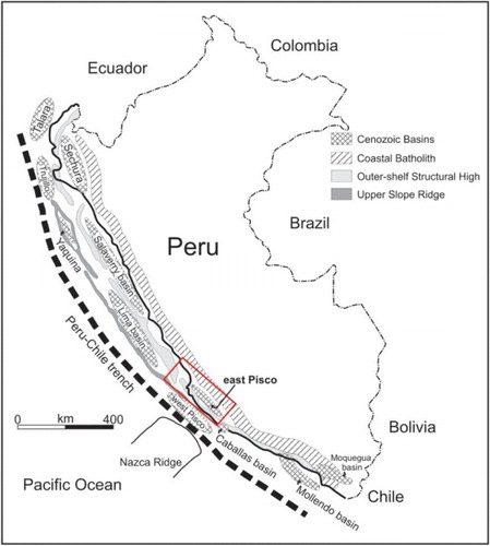 Figure 1. Sketch map of the major sedimentary basins of coastal Peru and Outer Shelf Ridge and Upper Slope Ridge, redrawn and modified from CitationTravis, Gonzales, and Pardo (1976) and CitationThornburg and Kulm (1981).