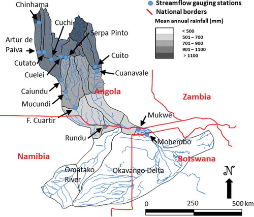 Figure 1. Sub-basins and streamflow gauging stations of the Okavango River basin (ignoring three small stations to the east of Serpa Pinto).