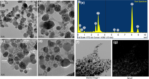 Figure 3. FE-TEM image of silver nanoparticles (a–d), EDX spectra of silver nanoparticles (e), elemental mapping of silver nanoparticles; silver nanoparticles pellet solution (f), and silver nanoparticles (g), respectively.