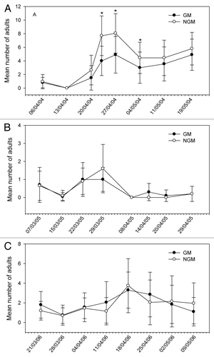 Figure 1. Mean number of adults of Cerotoma arcuata sampled in plant canopy of genetically modified (GM) and non-genetically modified common bean plants (NGM), in 2 m of row, in eight sampling dates in 2004 (A), 2005 (B), and 2006 (C). Asterisk in the specific sample date indicates that treatments are significantly different (Tukey’s test of transformed data using x+1; P < 0.05).