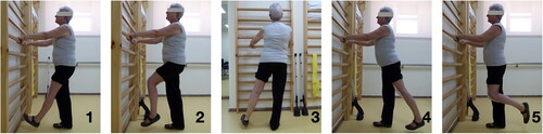 Figure 2. Exercise plan contained in the leaflet provided to patients. Each exercise focuses on the isotonic contraction of 1) quadriceps, 2) iliopsoas, 3) gluteus medius, 4) gluteus maximus, and 5) hamstring.