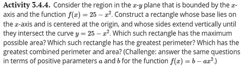 Figure 4. Applied optimization in the Active Calculus textbook, Activity 3.4.4.